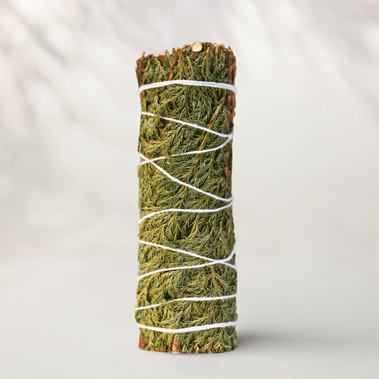 Cedar smudge stick standing upright, green cedar sprigs bound with white string, on a pale surface.