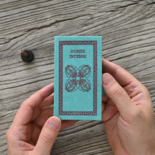 Hands showing Dorjee Incense Sticjk box 