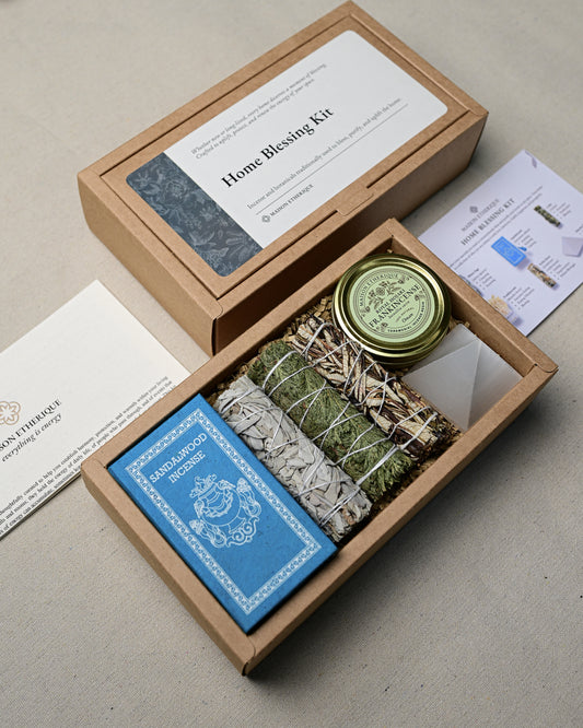 Open kraft kit box seen at an angle, showing a blue box of sandalwood incense, smudge sticks, a green resin tin and a printed card.