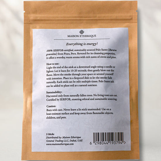 Back of a Maison Éthérique kraft pouch of Palo Santo sticks, showing the printed label with instructions and barcode.