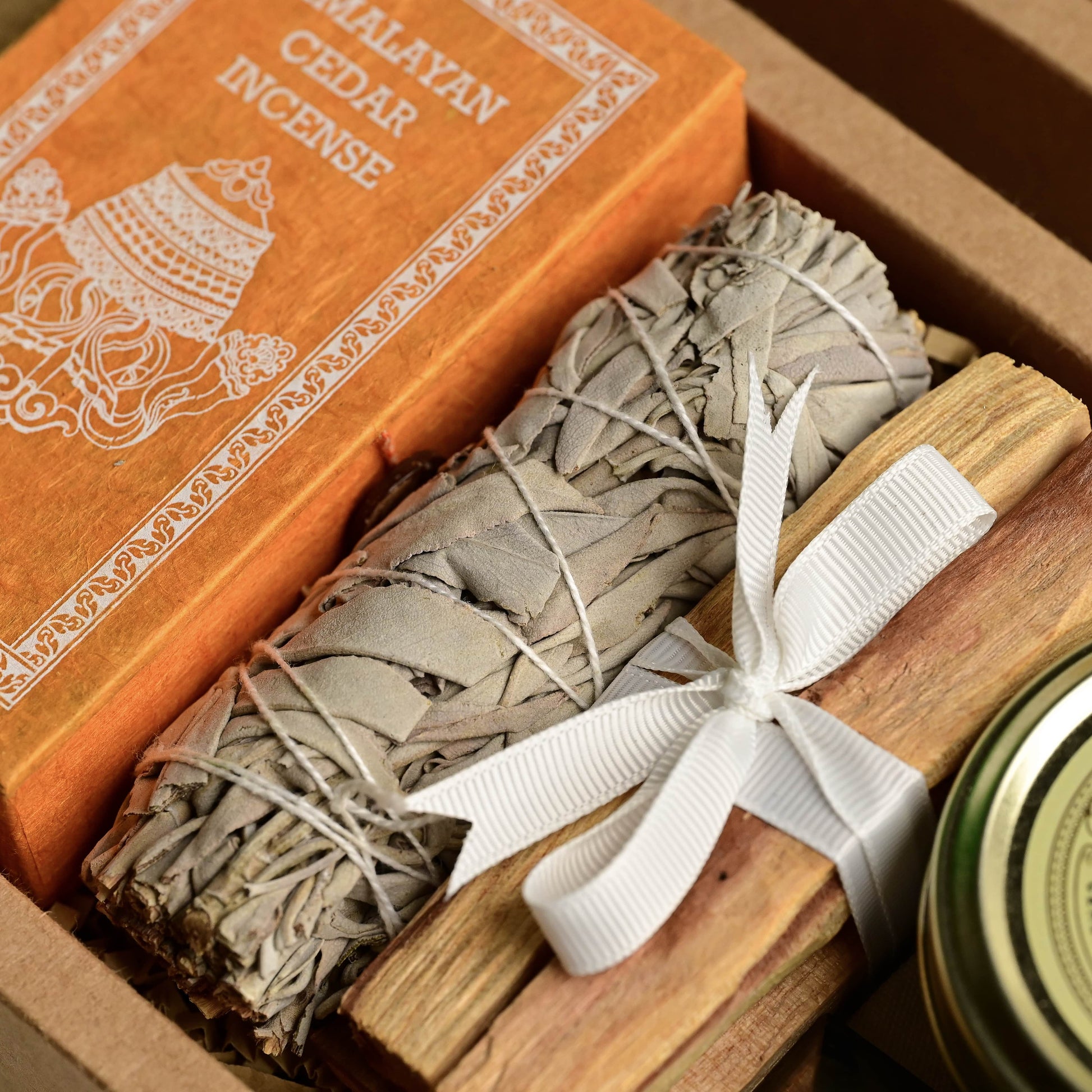 Himalayan Cedar Incense Box, White Sage, Palo Santo Sticks 
