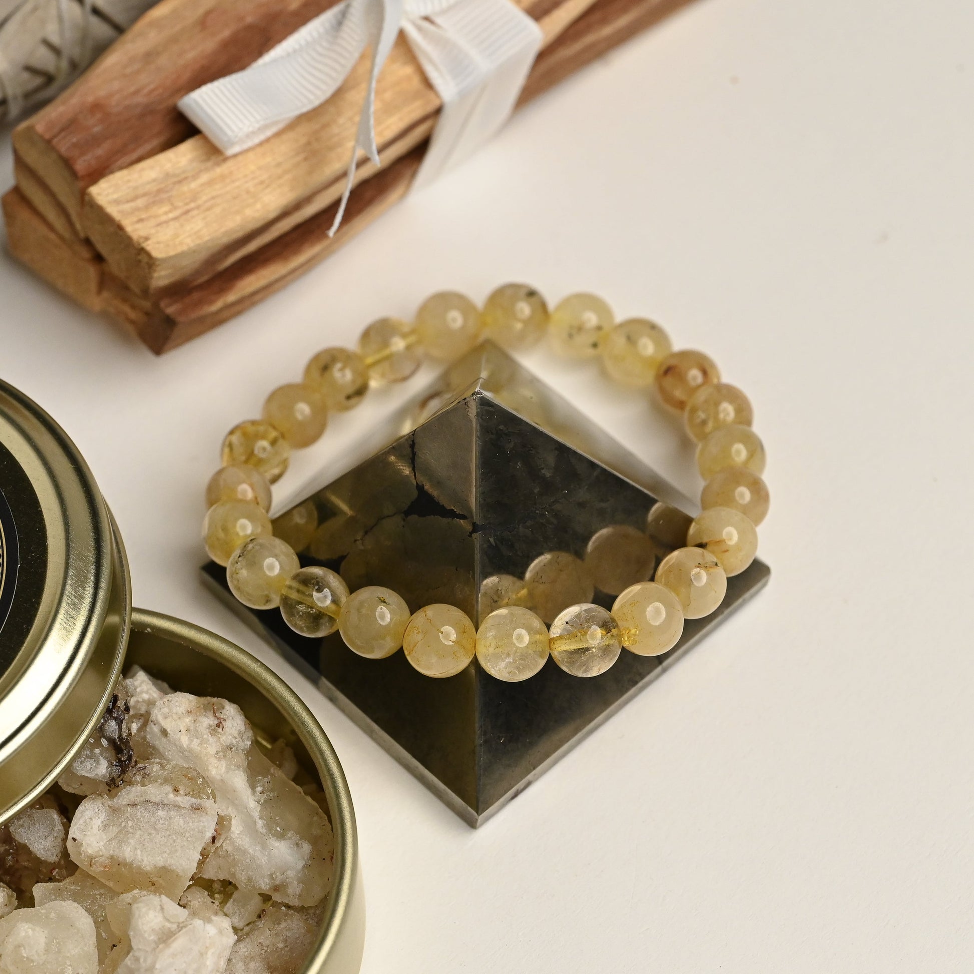 Pyrite Pyramid and Golden Rutile Crystal Bracelet for abundance 