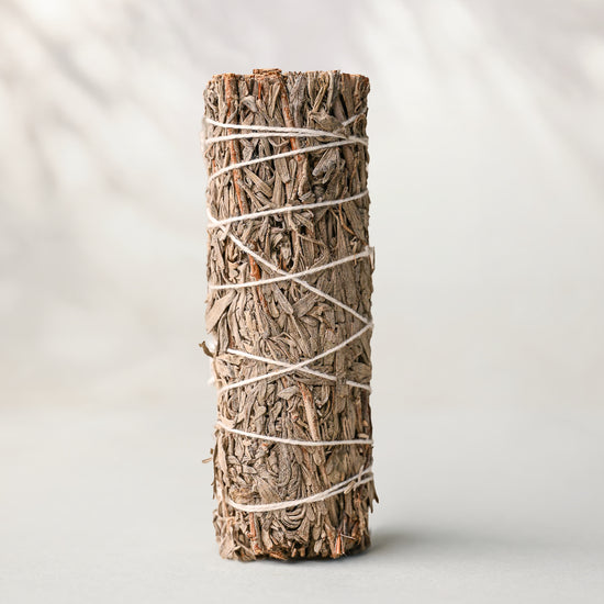 Blue sage smudge stick (Salvia azurea) standing upright, bound with white string, on a pale surface.