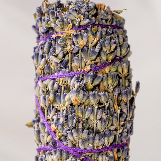 Lavender smudge stick, dried lavender flower heads bound with purple string, shown close against a pale background.