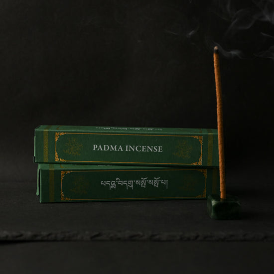 Two green boxes of Padma Tibetan incense beside a stick burning upright in a small green holder, on a dark background.
