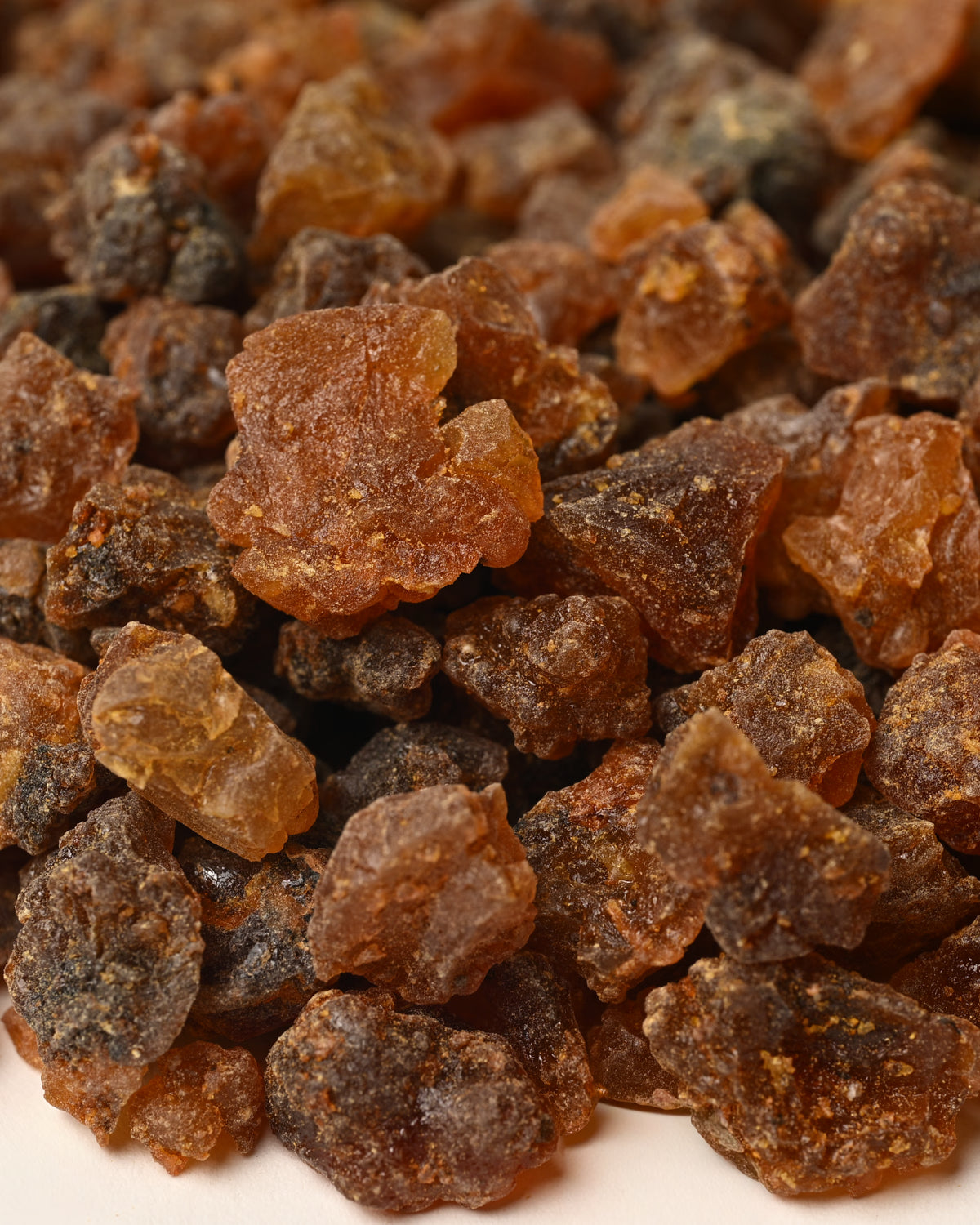 Close view of amber and brown True Myrrh resin pieces (Commiphora myrrha) from Yemen.