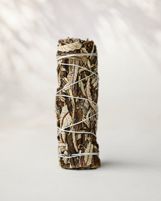 Yerba santa smudge stick (Eriodictyon californicum) standing upright, bound with white string, on a pale surface.